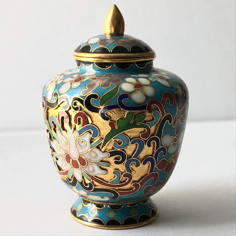 Chinese lotus flower cloisonne ginger jar vase with lid blue gold brass enamel - Picture 15 of 16
